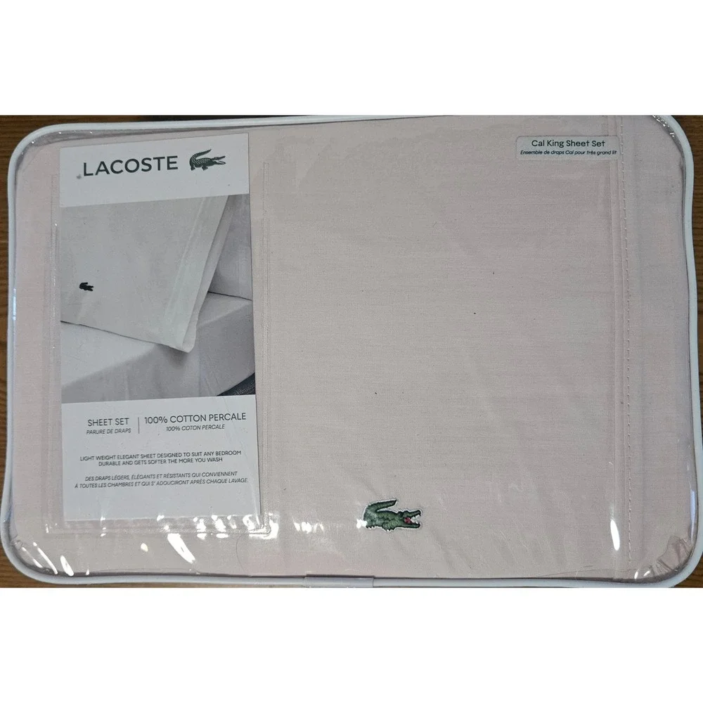 Lacoste 4pc Cal King Sheet Bedding Set Iced Pink Crocodile 100% Cotton Percale